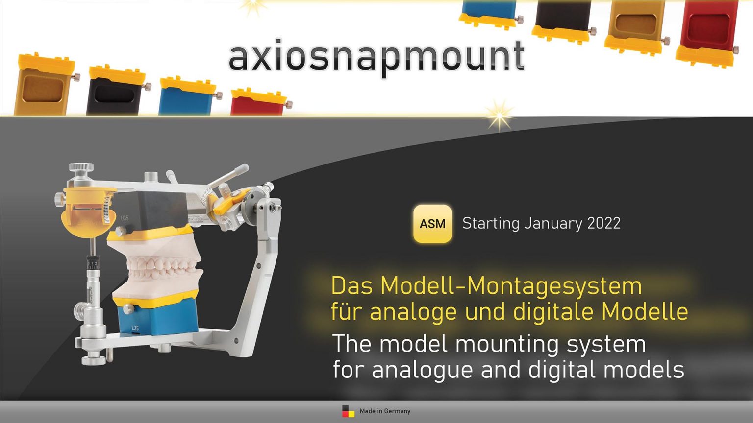 AxioPrisa digital facebow tranfer bow Articulator SAM 3 Spacer block Axiosnapmount Amann Girrbach Artex Carbon AxioSnapMount - Digital model mounting - Printed model in artikulator